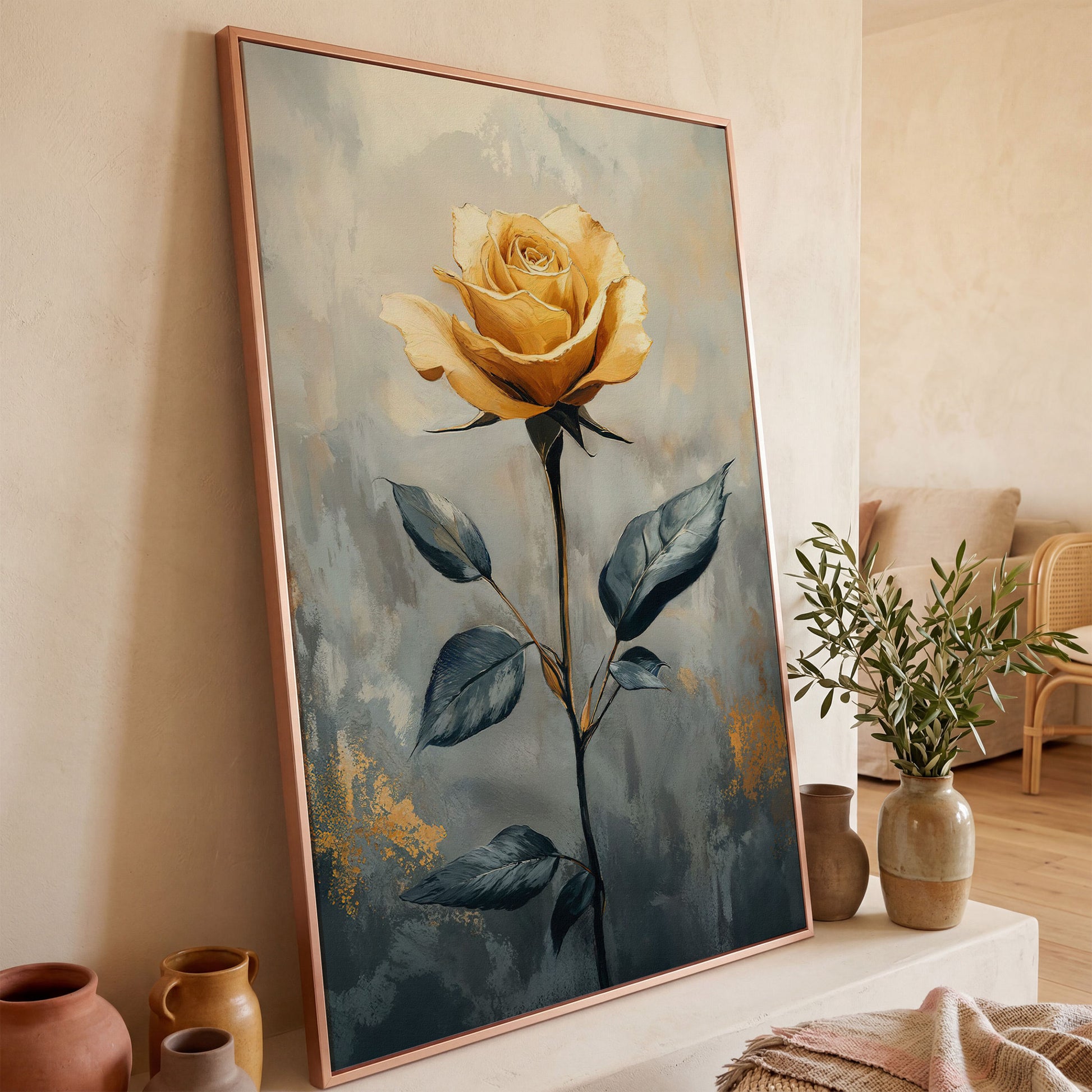 Yellow Rose on Slate Canvas in rose gold floating frame