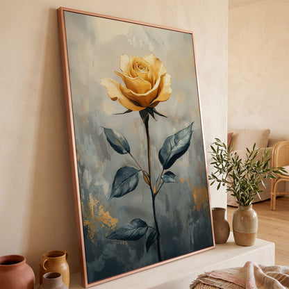 Yellow Rose on Slate Canvas in rose gold floating frame