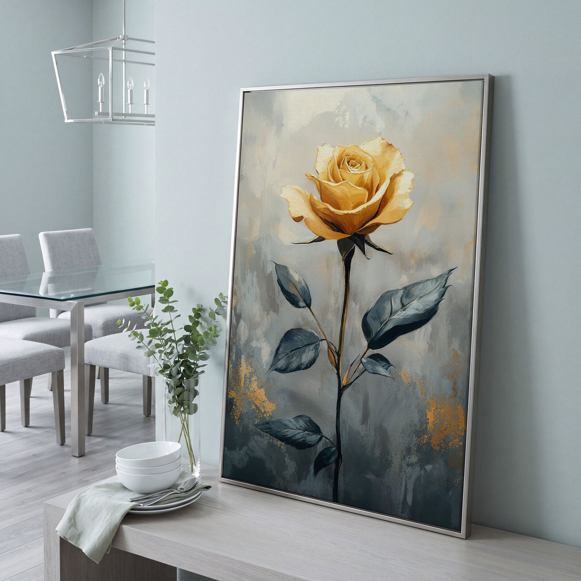 Yellow Rose on Slate Canvas in silver floating frame