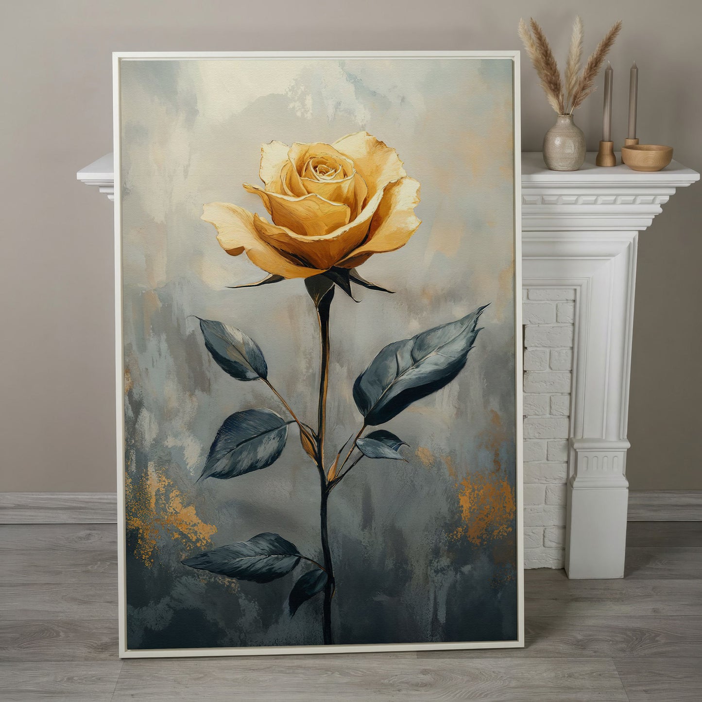 Yellow Rose on Slate Canvas in white floating frame