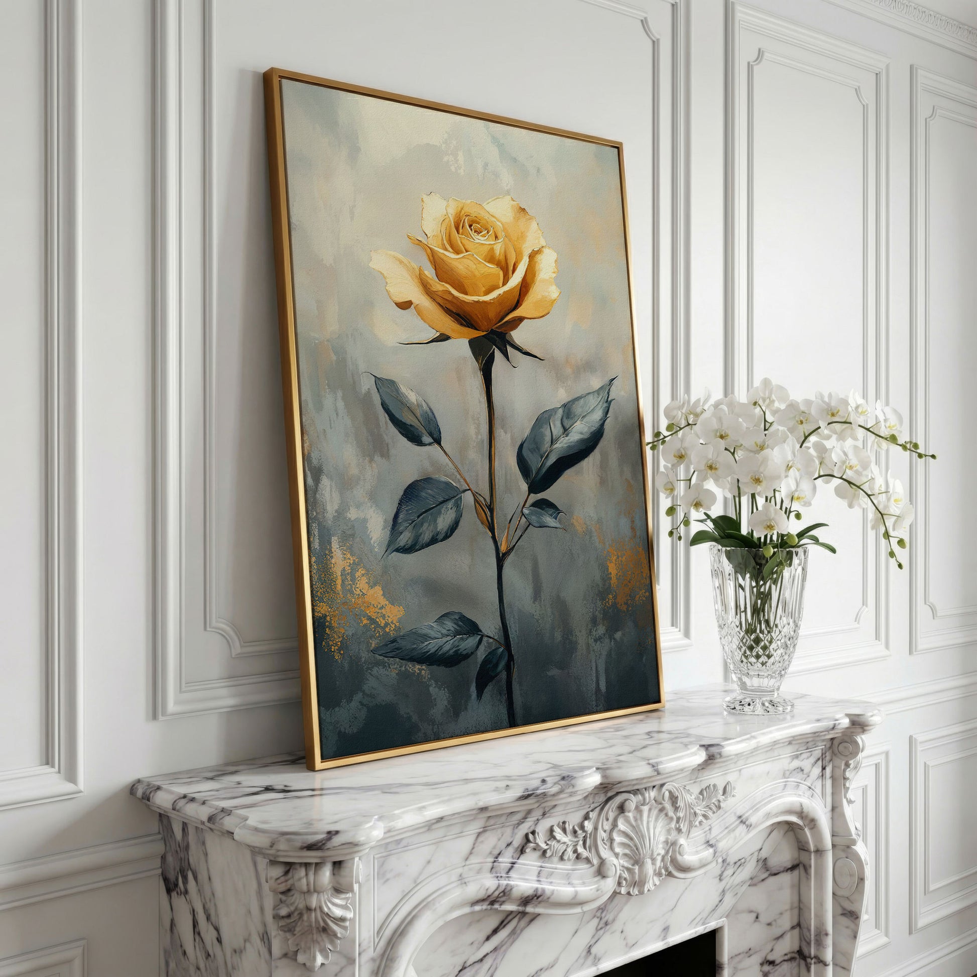Yellow Rose on Slate Canvas in yellow gold floating frame