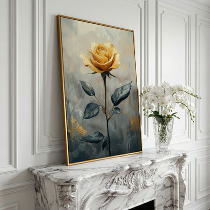 Yellow Rose on Slate Canvas in yellow gold floating frame