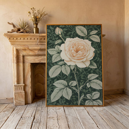 White Rose Canvas Print with Forest Green Background in antique gold floating frame