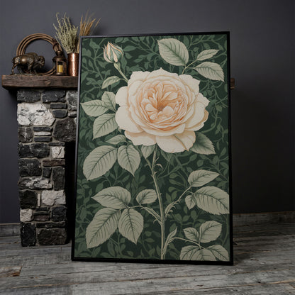 White Rose Canvas Print with Forest Green Background in black floating frame
