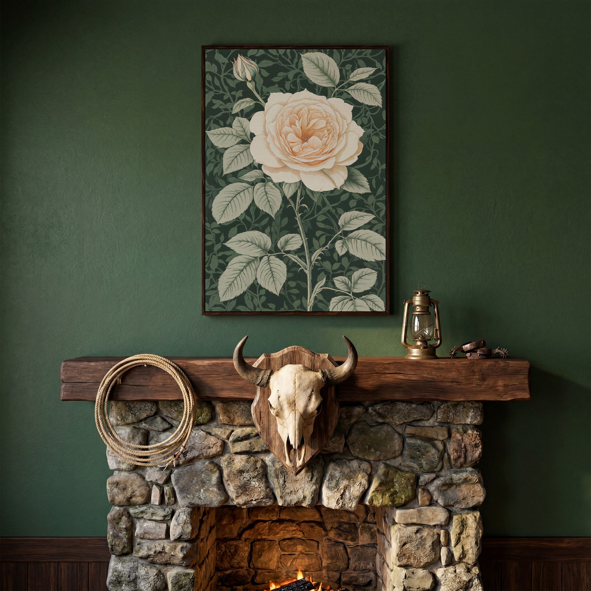 White Rose Canvas Print with Forest Green Background in dark walnut floating frame