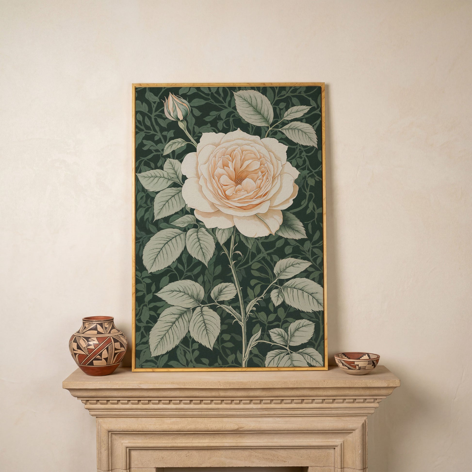 White Rose Canvas Print with Forest Green Background in white oak floating frame