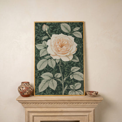 White Rose Canvas Print with Forest Green Background in white oak floating frame