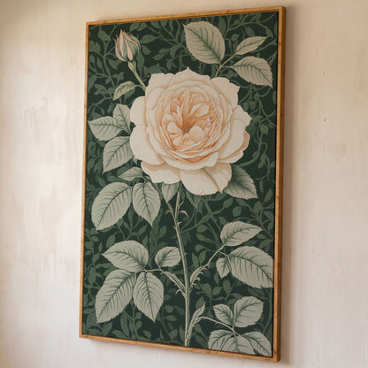 White Rose Canvas Print with Forest Green Background shown in white oak floating frame