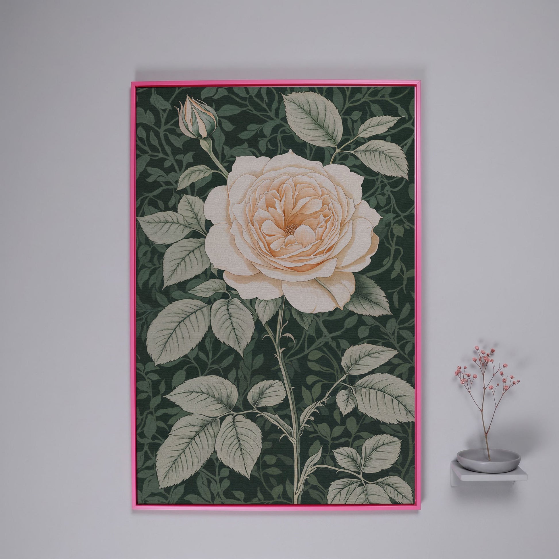 White Rose Canvas Print with Forest Green Background in pink floating frame