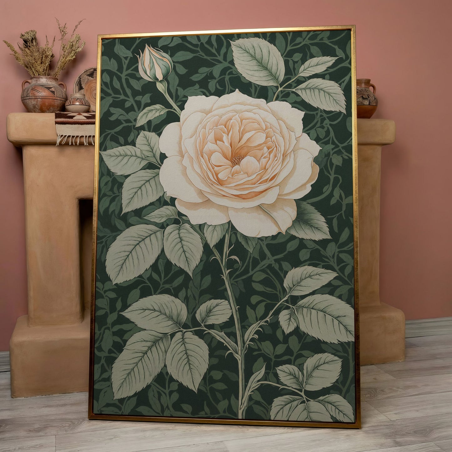 White Rose Canvas Print with Forest Green Background in rose gold floating frame