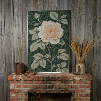 White Rose Canvas Print with Forest Green Background in silver floating frame