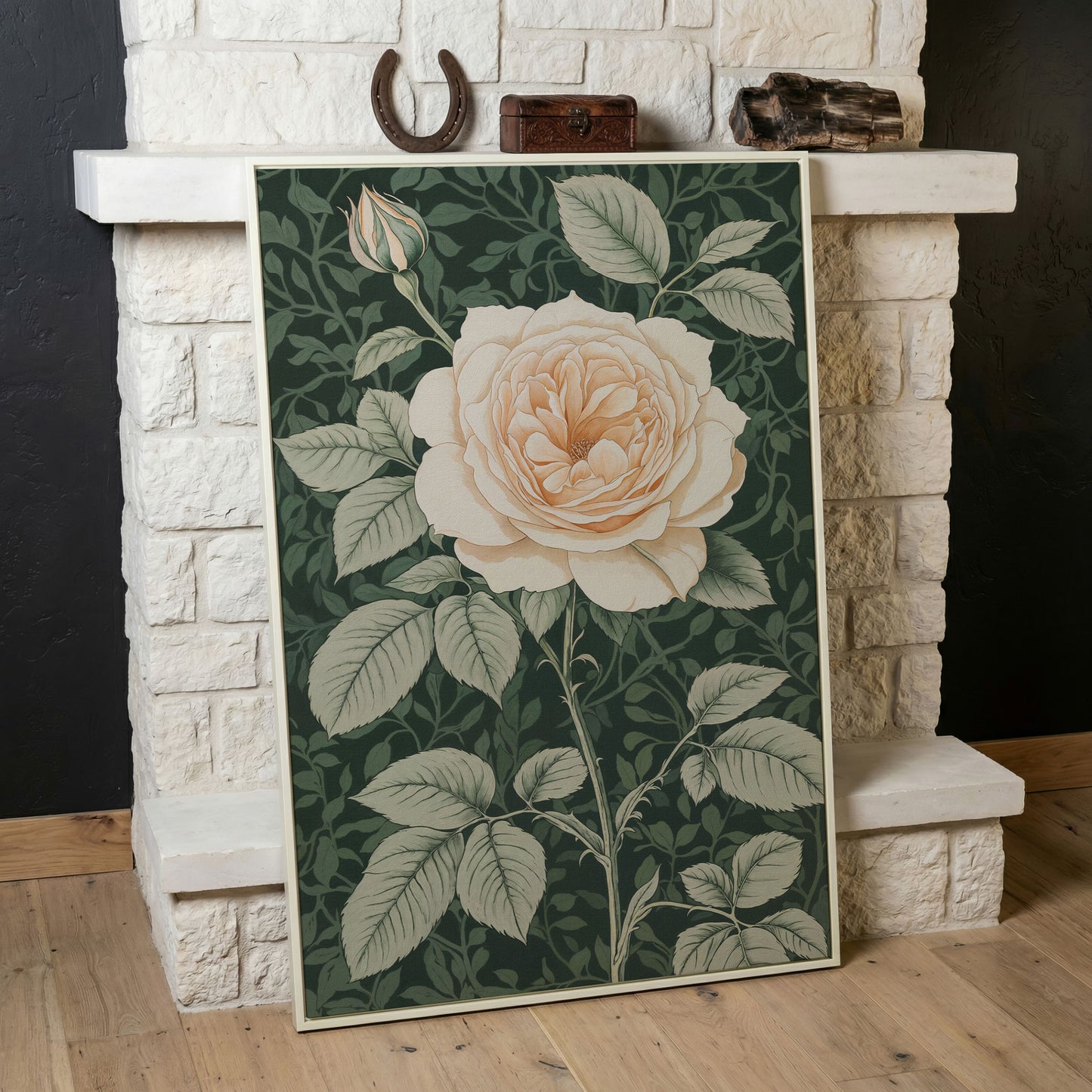 White Rose Canvas Print with Forest Green Background in white floating frame