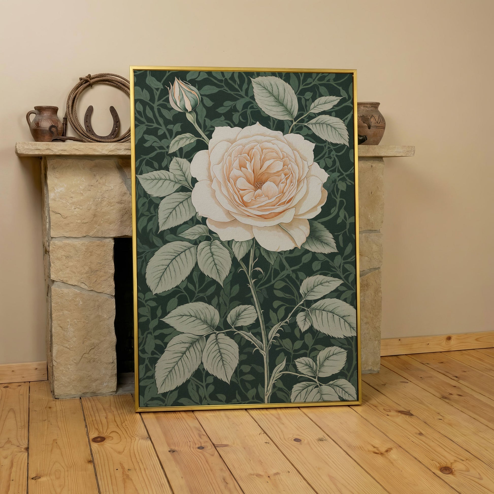 White Rose Canvas Print with Forest Green Background in yellow gold floating frame