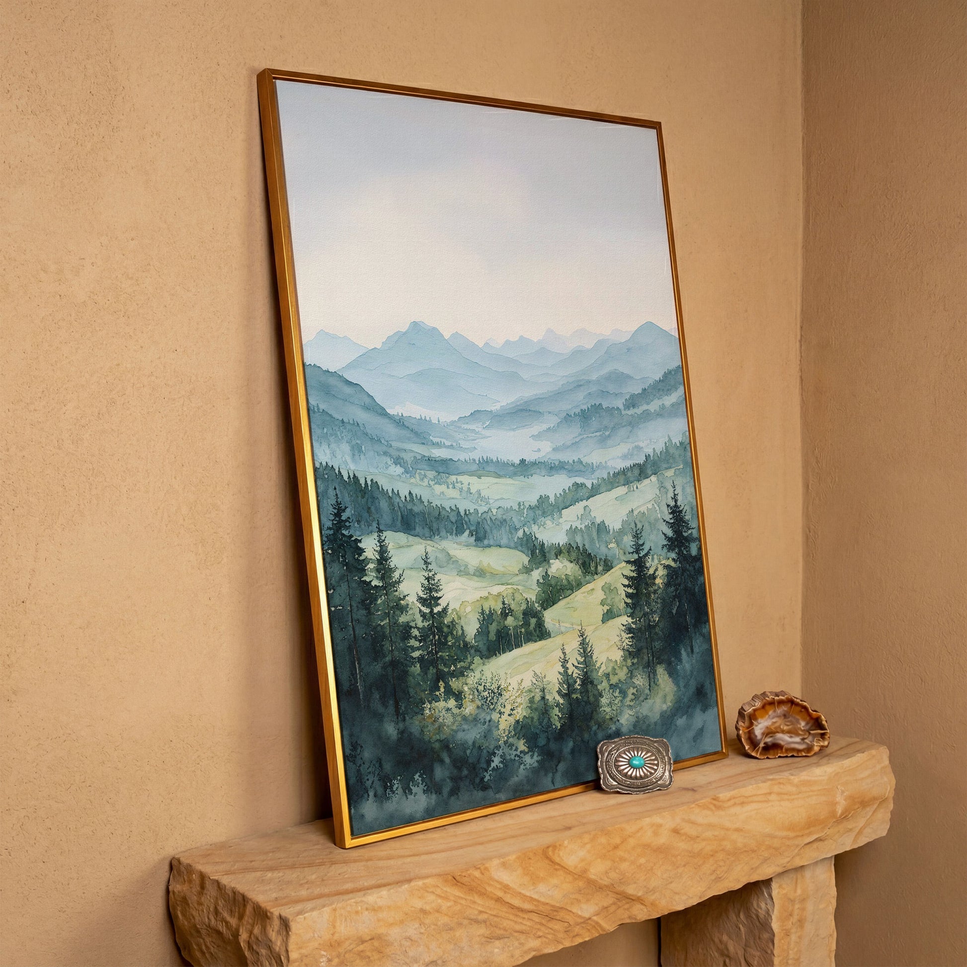 Misty Mountain Serenity Canvas Print in antique gold floating frame