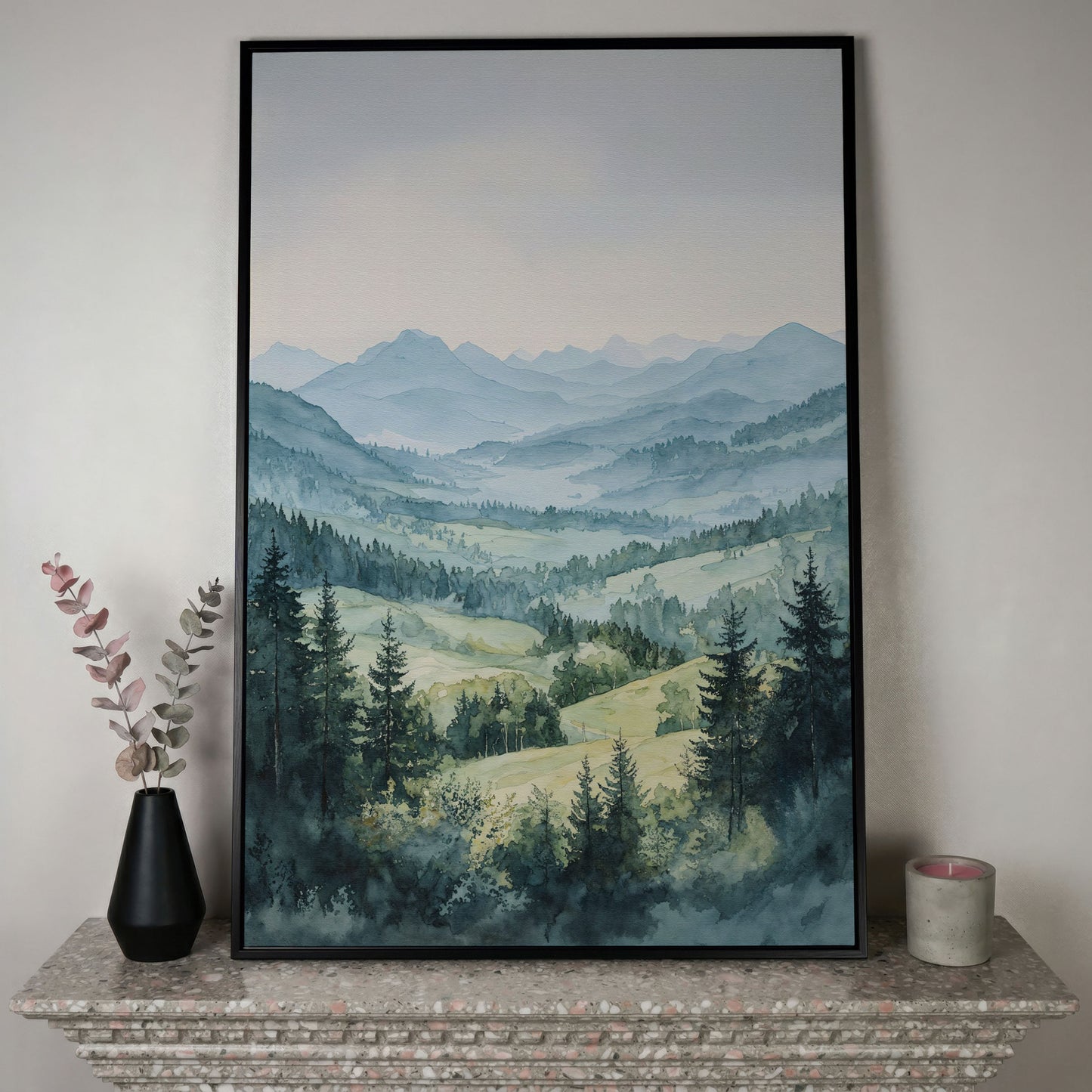 Misty Mountain Serenity Canvas Print in black floating frame