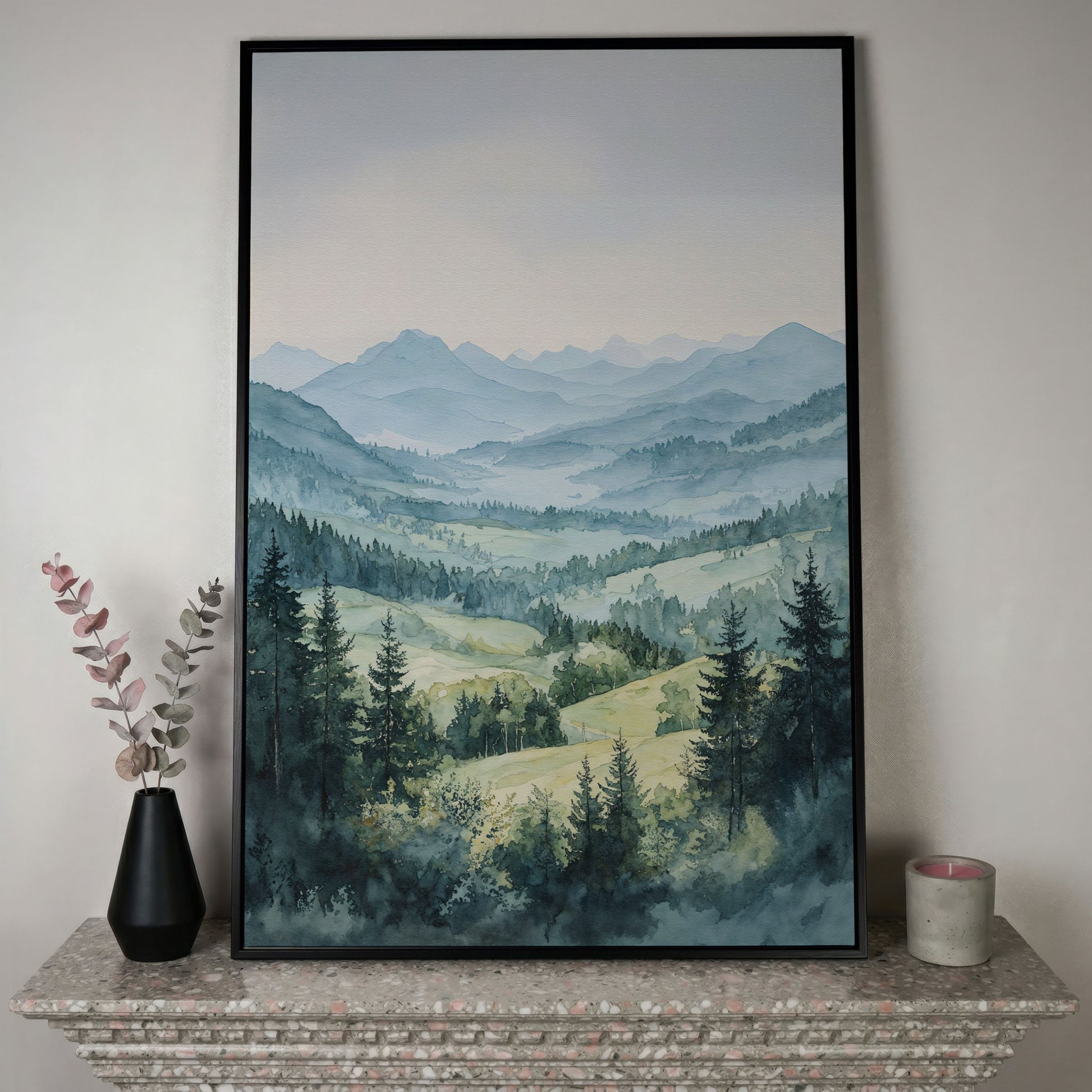 Misty Mountain Serenity Canvas Print in black floating frame