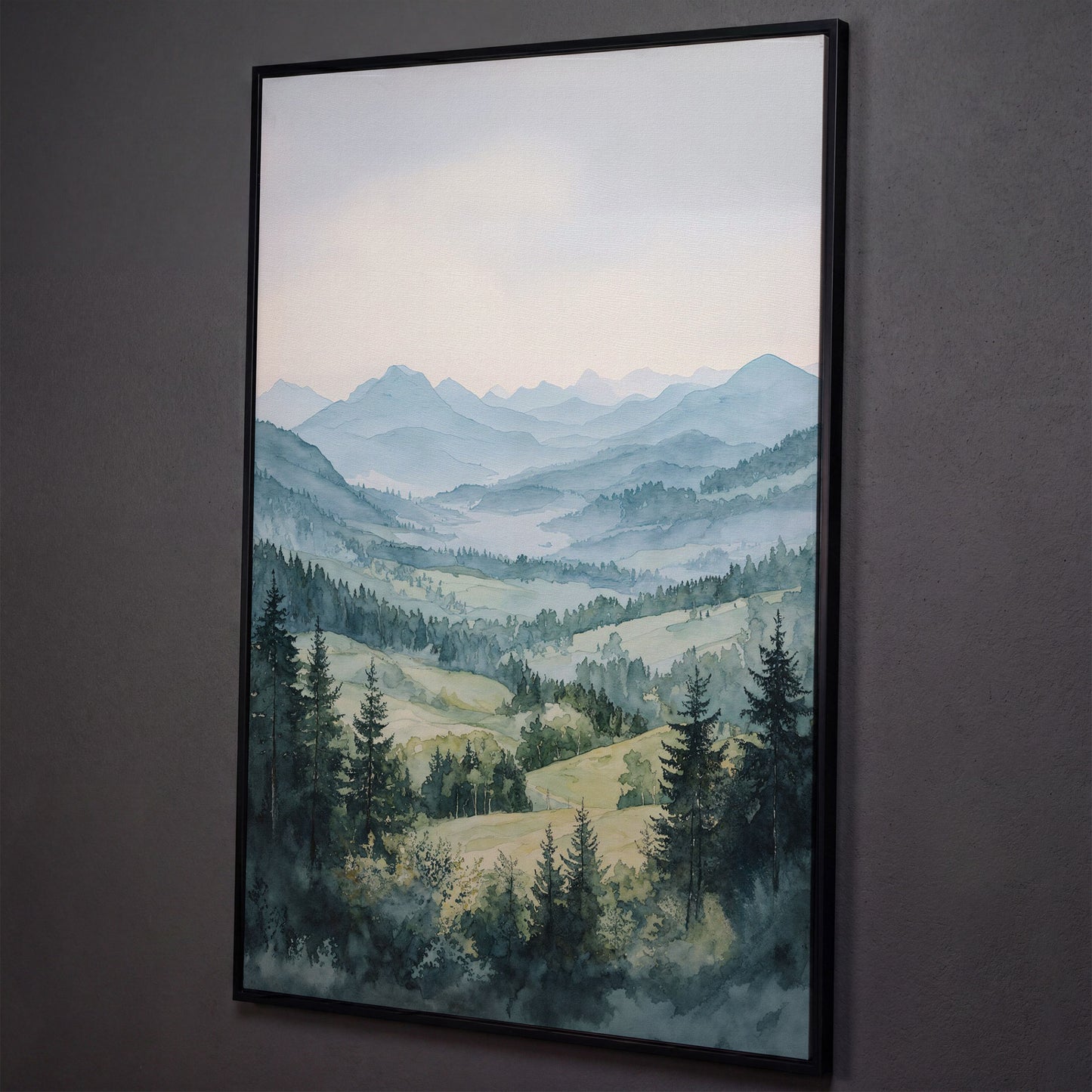 Misty Mountain Serenity Canvas Print shown in black floating frame