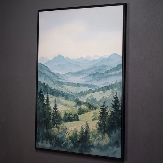 Misty Mountain Serenity Canvas Print shown in black floating frame