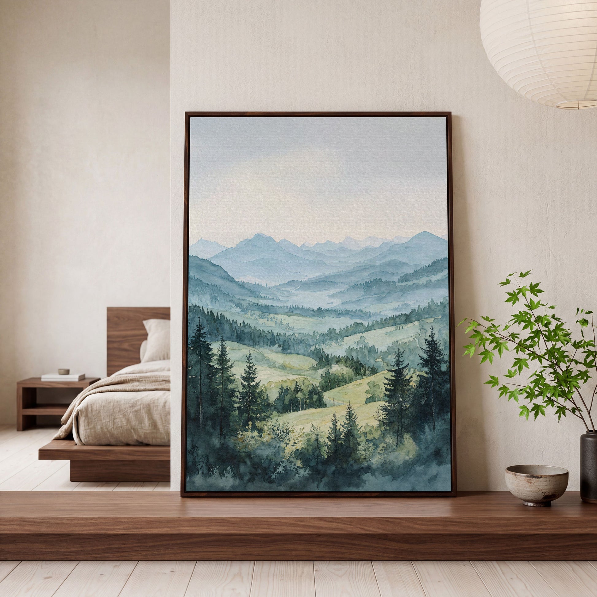 Misty Mountain Serenity Canvas Print in dark walnut floating frame