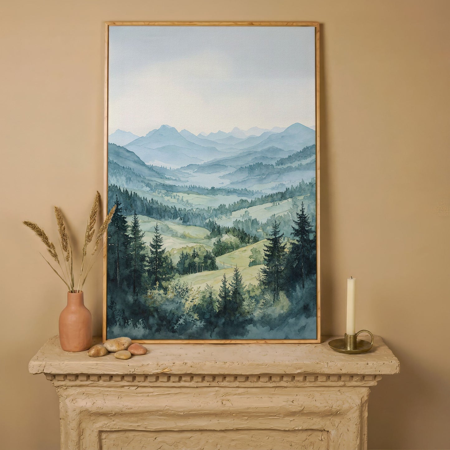 Misty Mountain Serenity Canvas Print in white oak floating frame