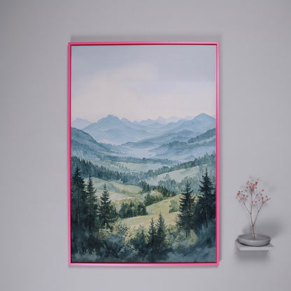Misty Mountain Serenity Canvas Print in pink floating frame