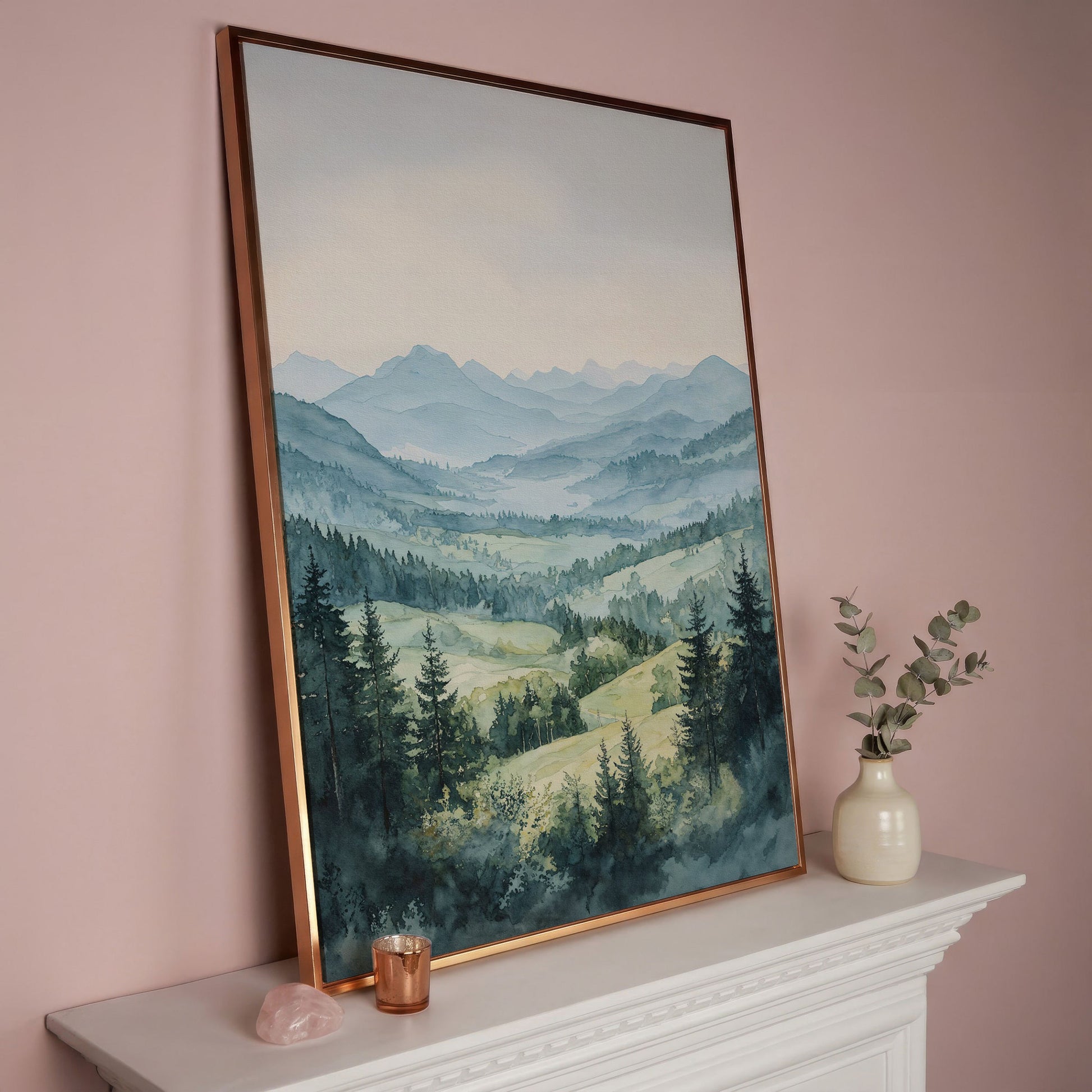 Misty Mountain Serenity Canvas Print in rose gold floating frame