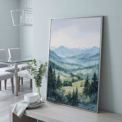 Misty Mountain Serenity Canvas Print in silver floating frame