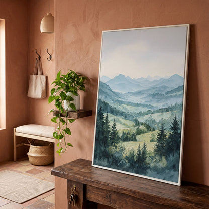 Misty Mountain Serenity Canvas Print in white floating frame