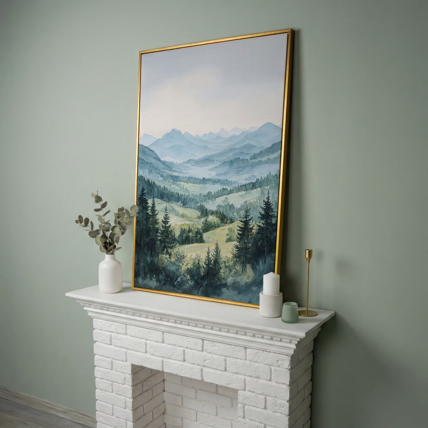 Misty Mountain Serenity Canvas Print in yellow gold floating frame
