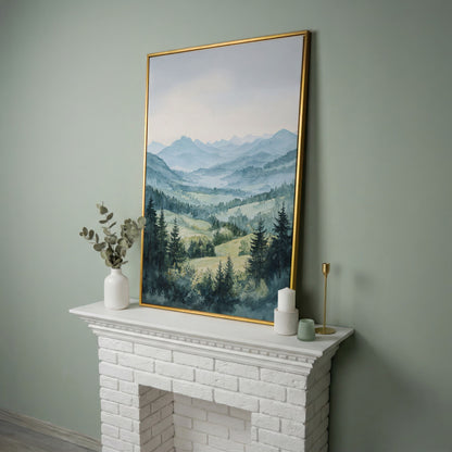Misty Mountain Serenity Canvas Print in yellow gold floating frame