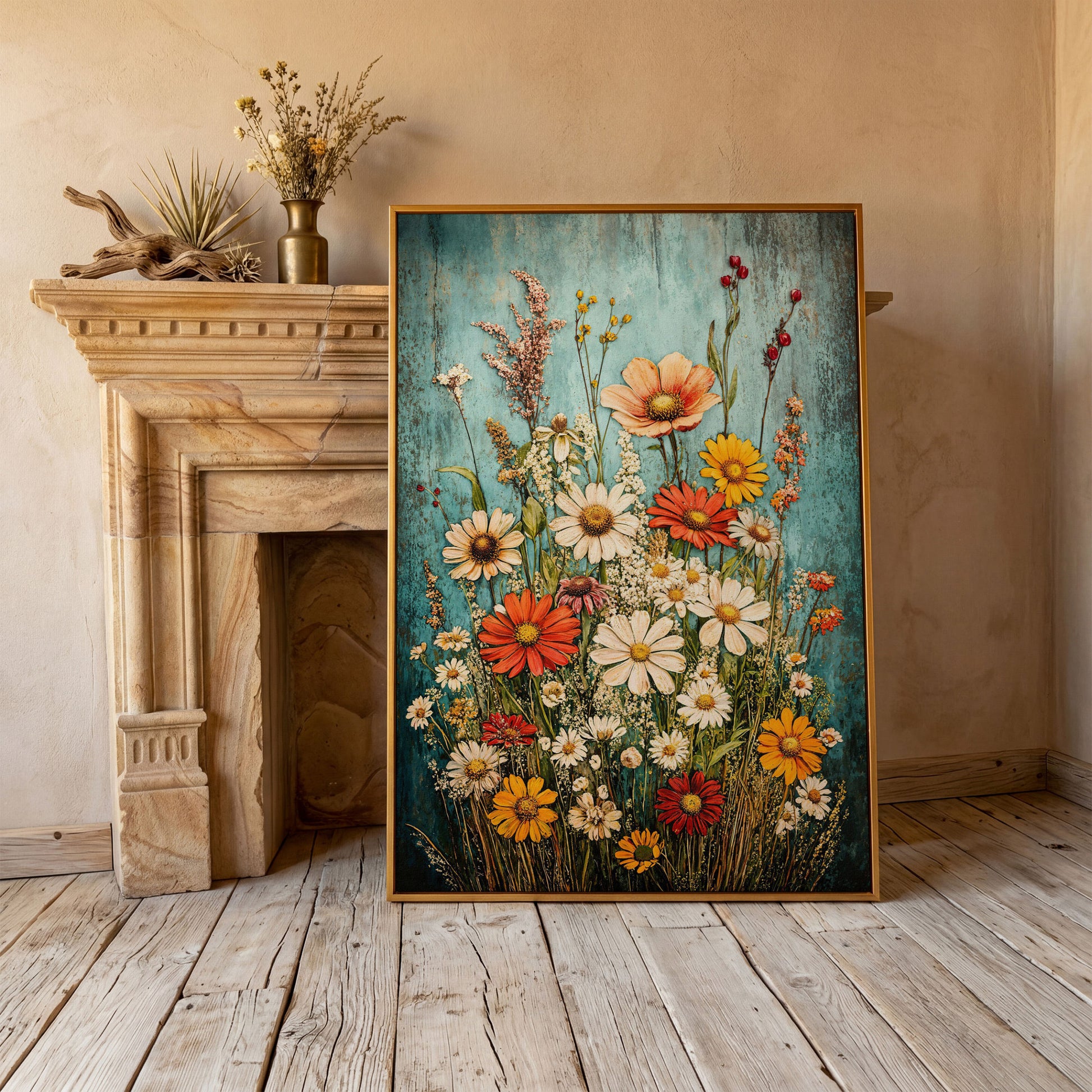 Wildflower Bouquet on Teal Canvas Art, Daisy Floral Print in antique gold floating frame