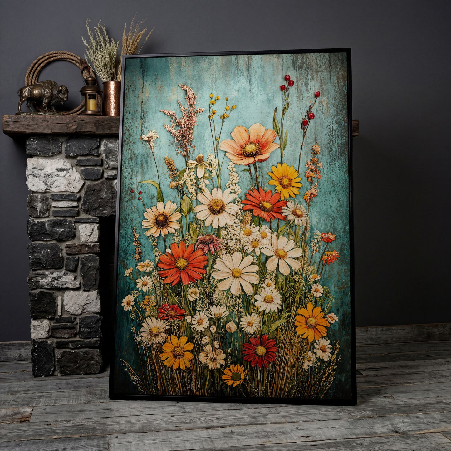 Wildflower Bouquet on Teal Canvas Art, Daisy Floral Print in black floating frame