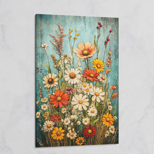 Wildflower Bouquet on Teal Canvas Art, Daisy Floral Print on gallery wrap