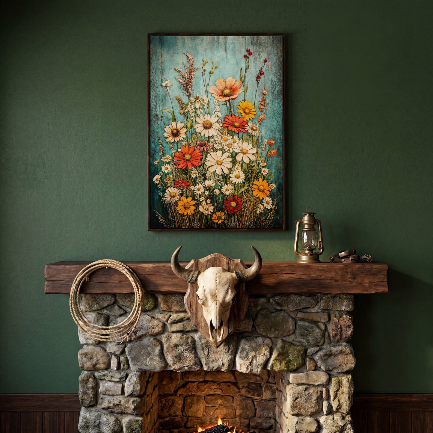 Wildflower Bouquet on Teal Canvas Art, Daisy Floral Print in dark walnut floating frame