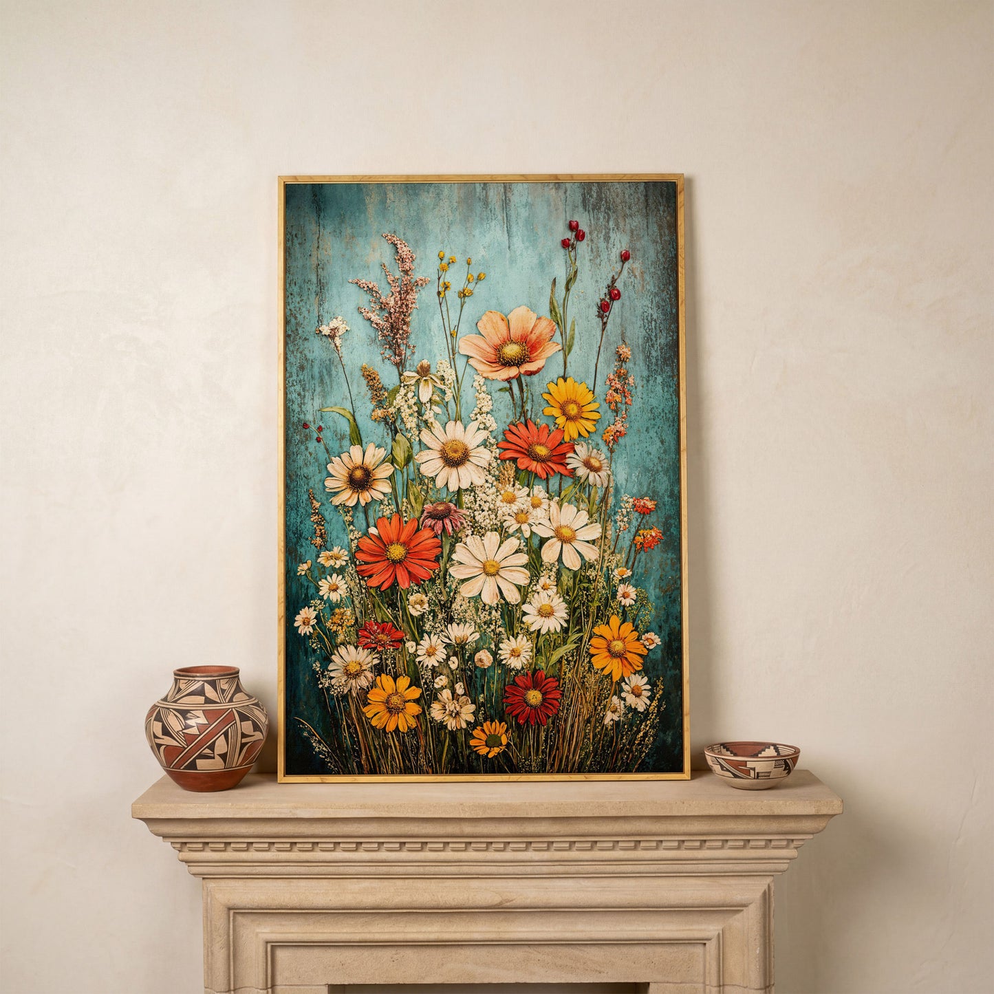Wildflower Bouquet on Teal Canvas Art, Daisy Floral Print in white oak floating frame