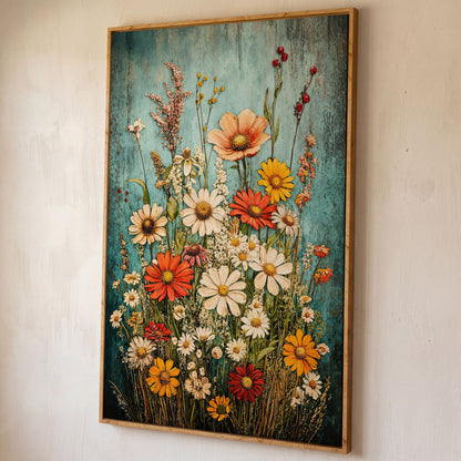 Wildflower Bouquet on Teal Canvas Art, Daisy Floral Print shown in white oak floating frame