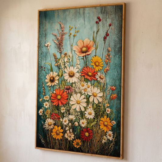 Wildflower Bouquet on Teal Canvas Art, Daisy Floral Print shown in white oak floating frame