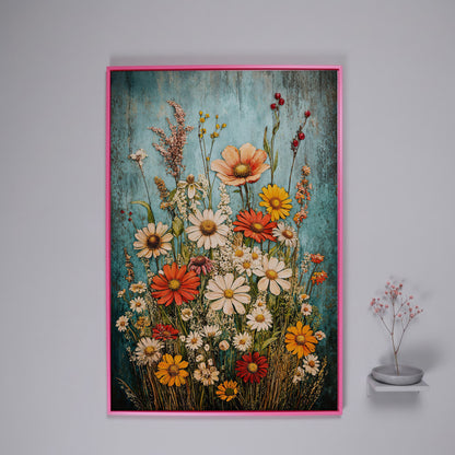 Wildflower Bouquet on Teal Canvas Art, Daisy Floral Print in pink floating frame