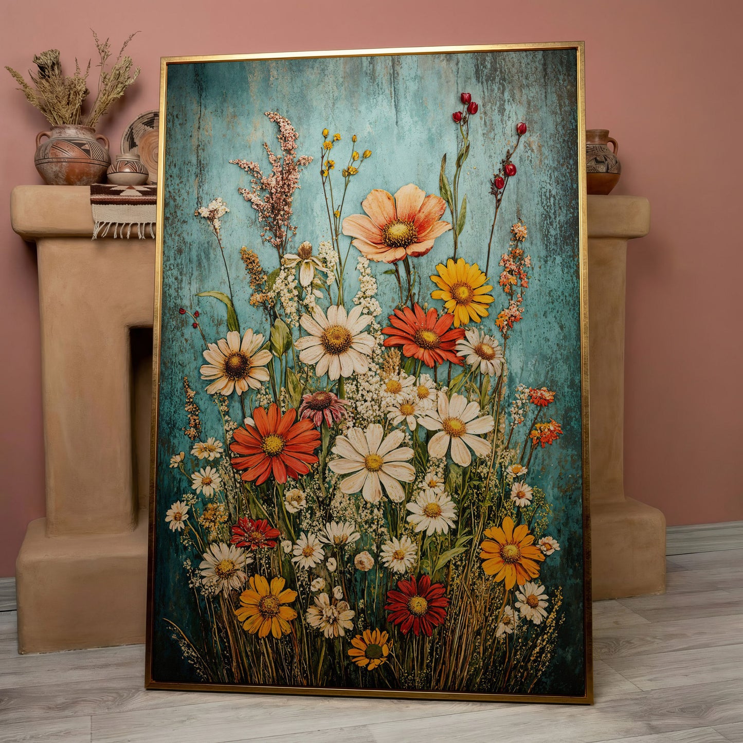 Wildflower Bouquet on Teal Canvas Art, Daisy Floral Print in rose gold floating frame