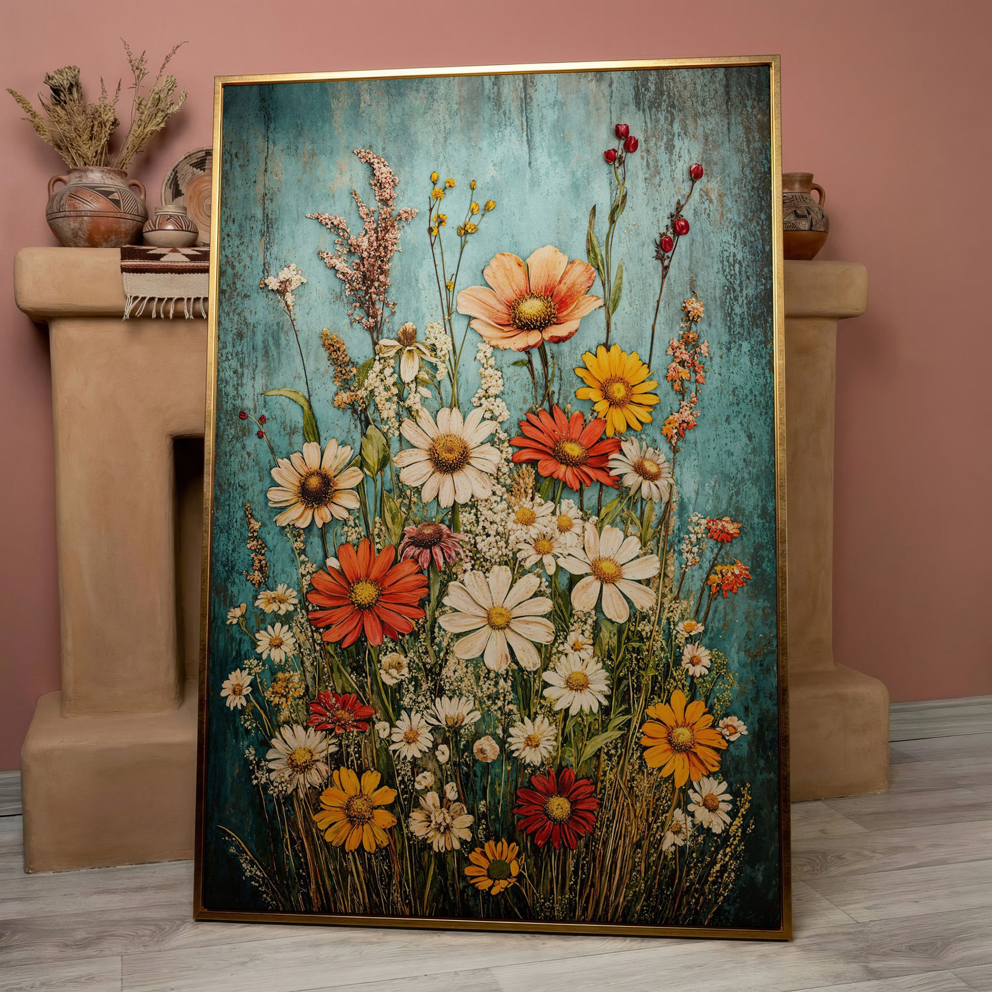 Wildflower Bouquet on Teal Canvas Art, Daisy Floral Print in rose gold floating frame