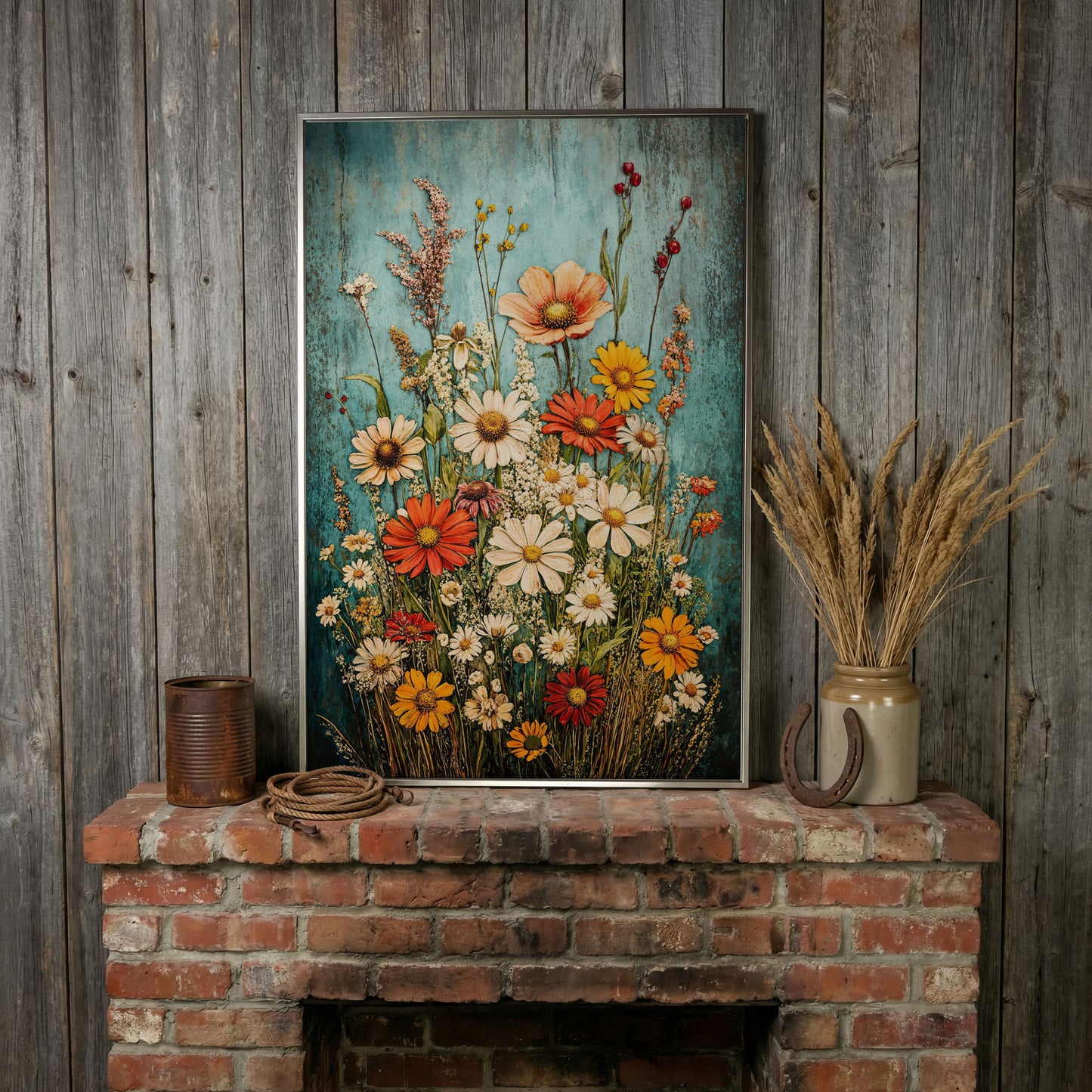 Wildflower Bouquet on Teal Canvas Art, Daisy Floral Print in silver floating frame