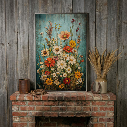 Wildflower Bouquet on Teal Canvas Art, Daisy Floral Print in silver floating frame