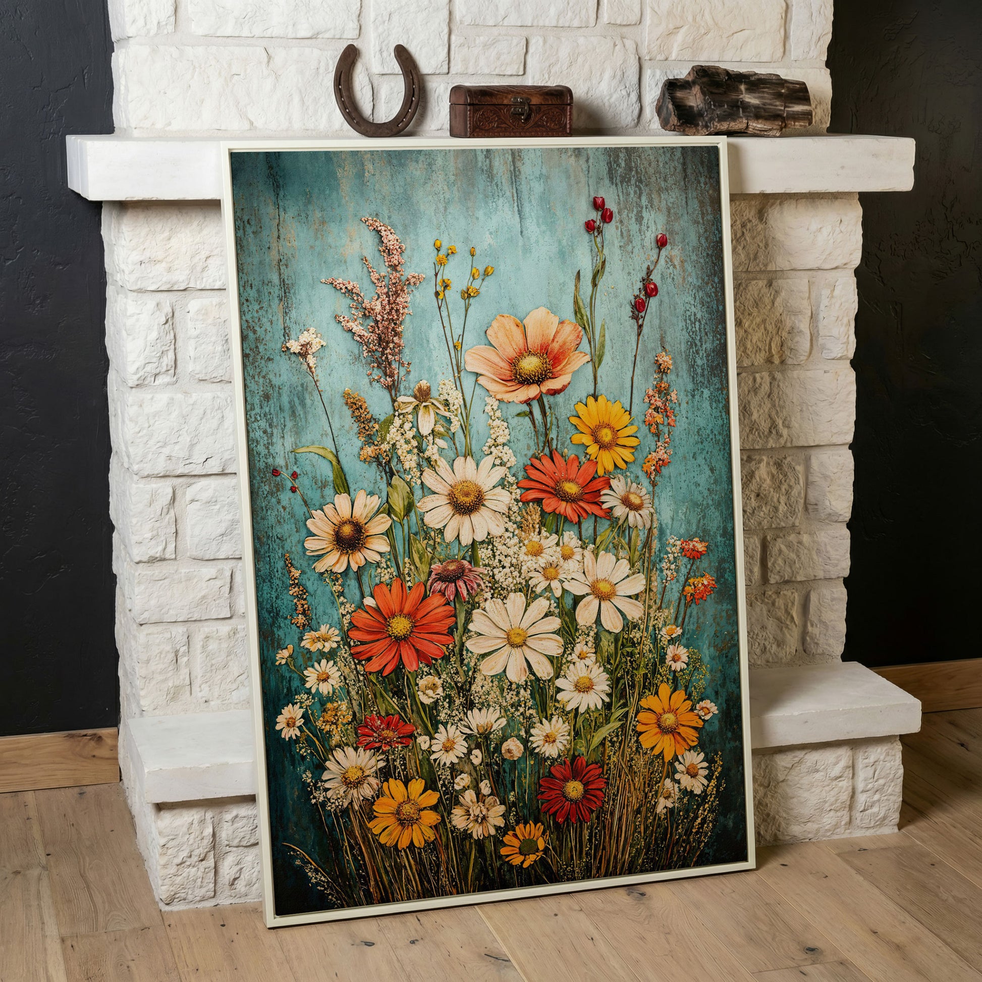 Wildflower Bouquet on Teal Canvas Art, Daisy Floral Print in white floating frame