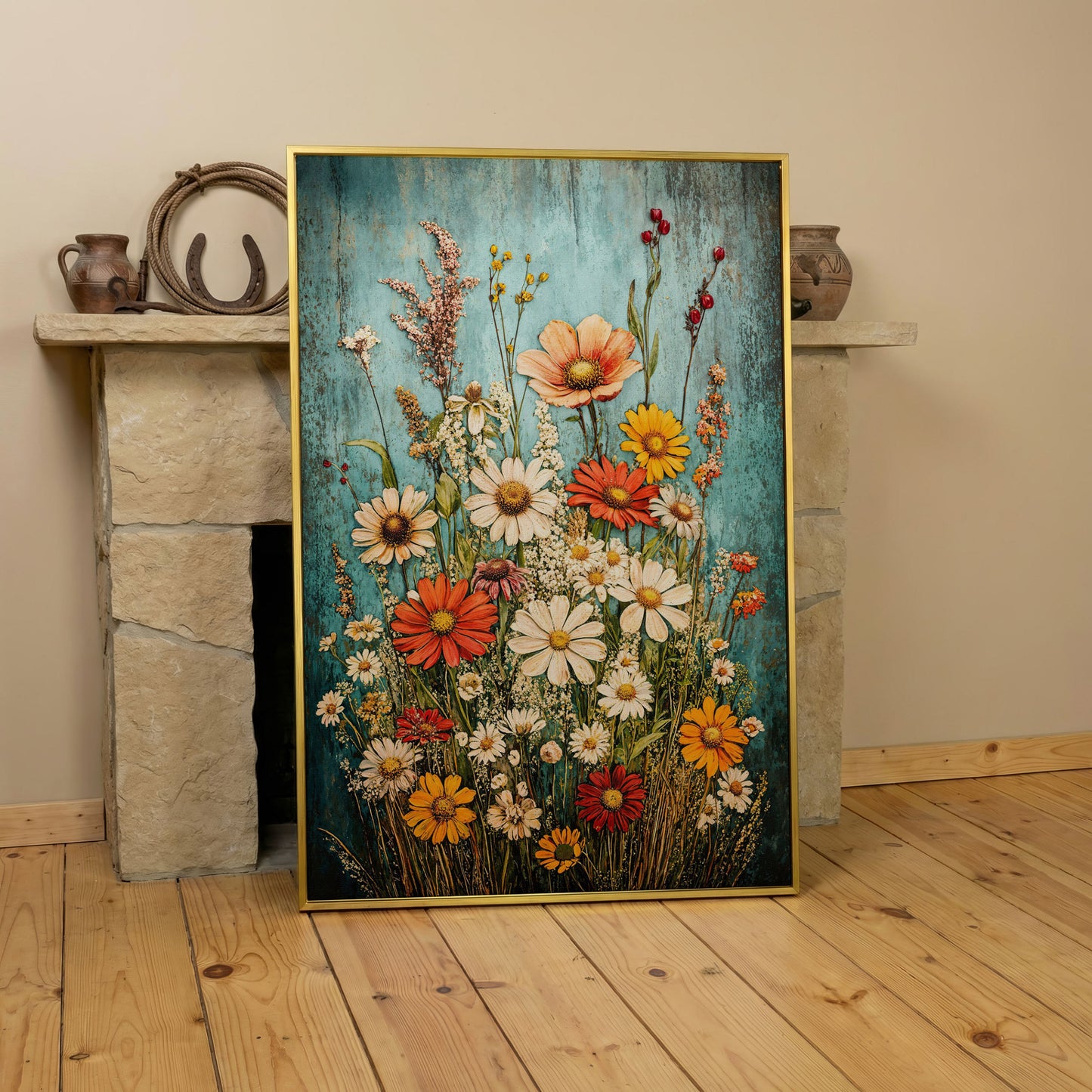 Wildflower Bouquet on Teal Canvas Art, Daisy Floral Print in yellow gold floating frame