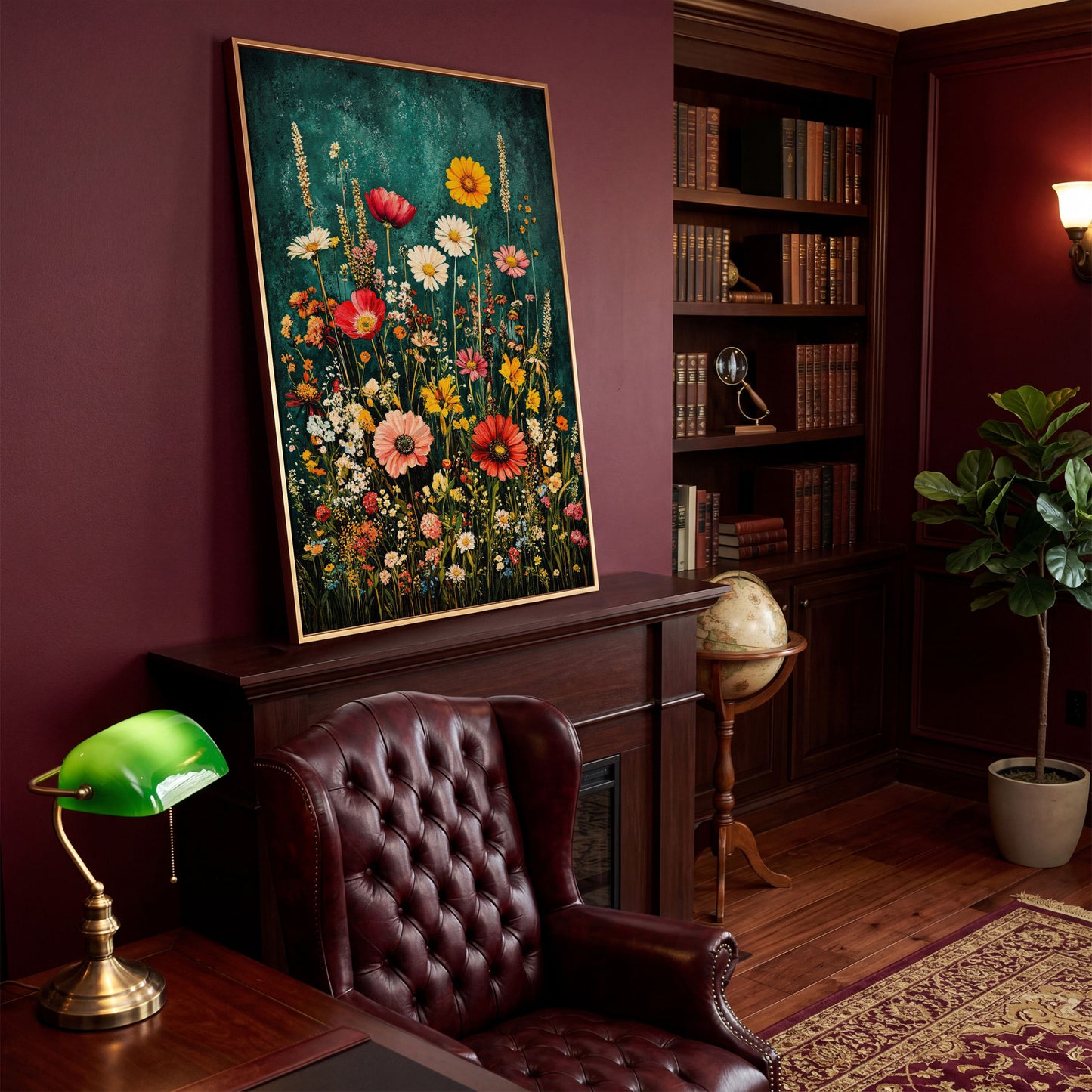 Wildflowers on Teal Canvas Print in antique gold floating frame