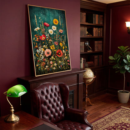 Wildflowers on Teal Canvas Print in antique gold floating frame