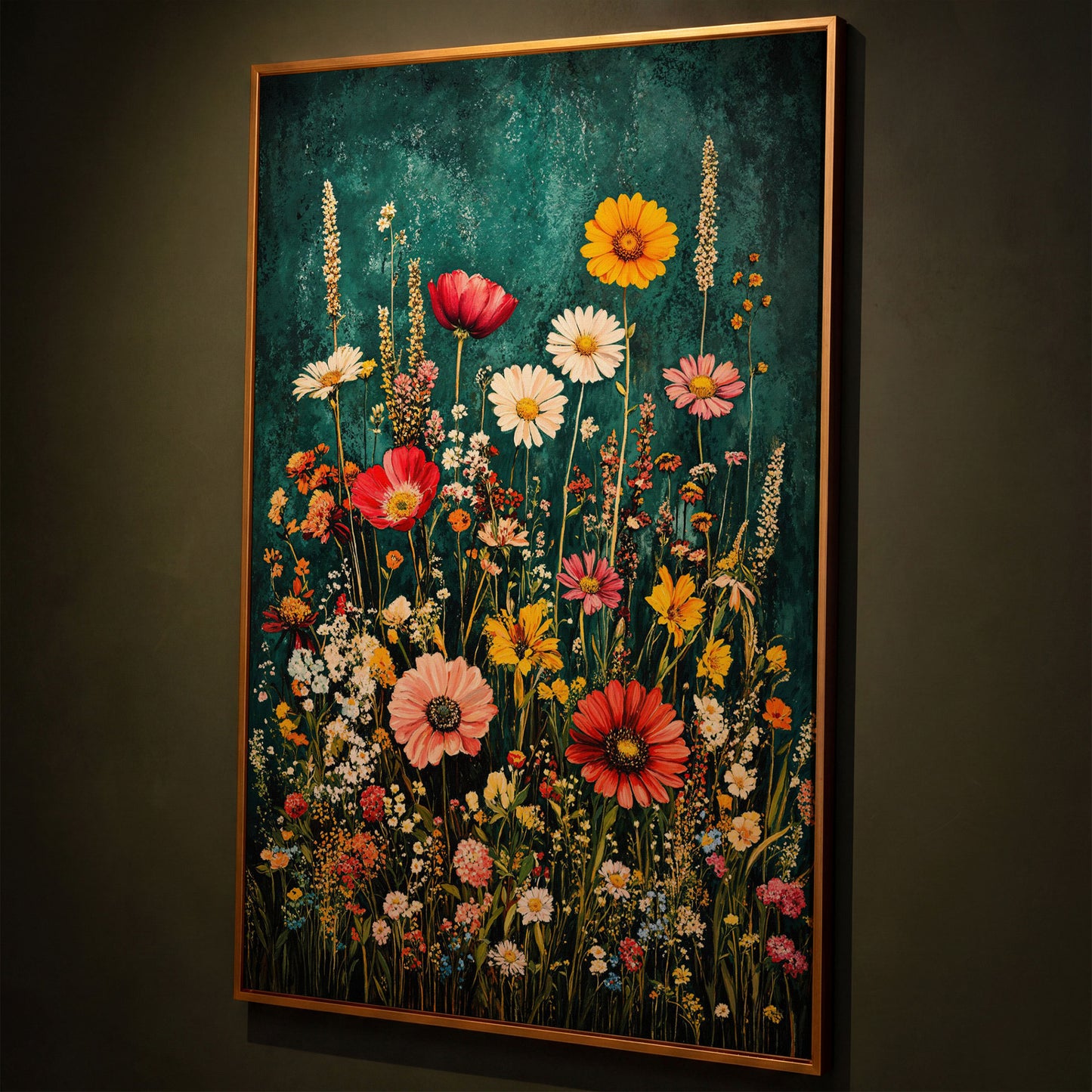 Wildflowers on Teal Canvas Print shown in antique gold floating frame