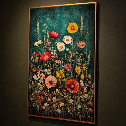 Wildflowers on Teal Canvas Print shown in antique gold floating frame