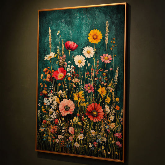 Wildflowers on Teal Canvas Print shown in antique gold floating frame