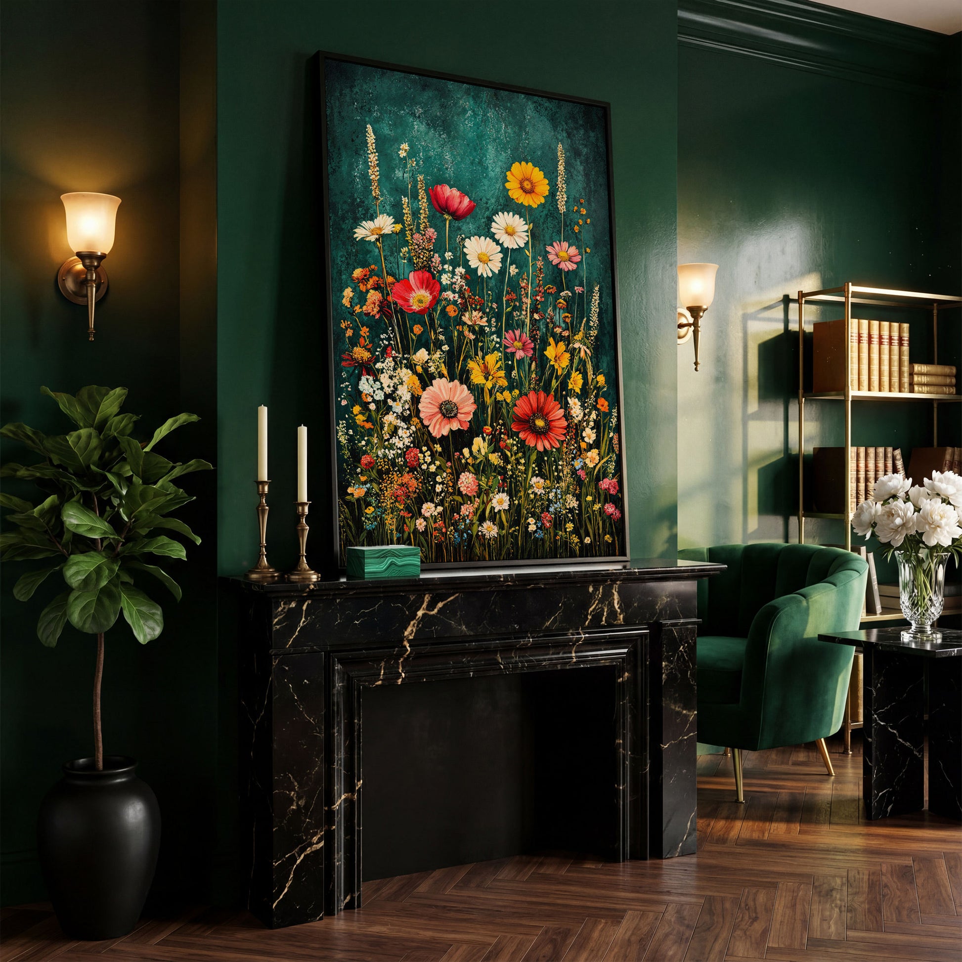 Wildflowers on Teal Canvas Print in black floating frame
